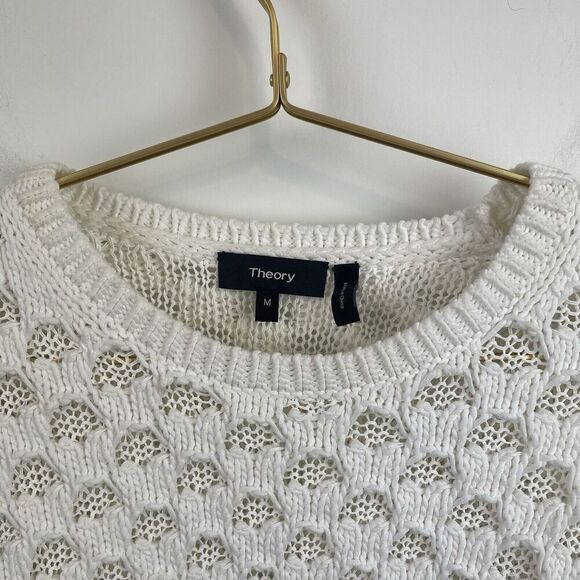 Theory White Open Knit Pullover Sweater Cotton Size M - Picture 5 of 8